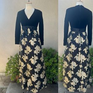 Vtg glam maxi evening dress black velvet empire chiffon brocade 6 S Roger Milot